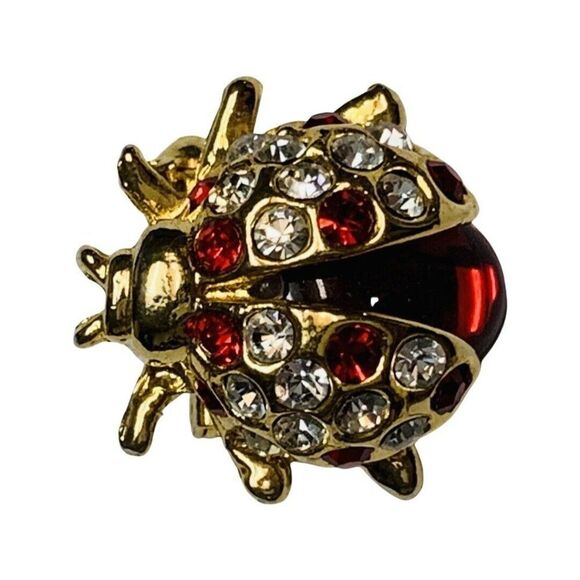 Women’s Red & White Crystal Glass Enamel Ladybug Gold Tone Vintage Brooch - Picture 4 of 6